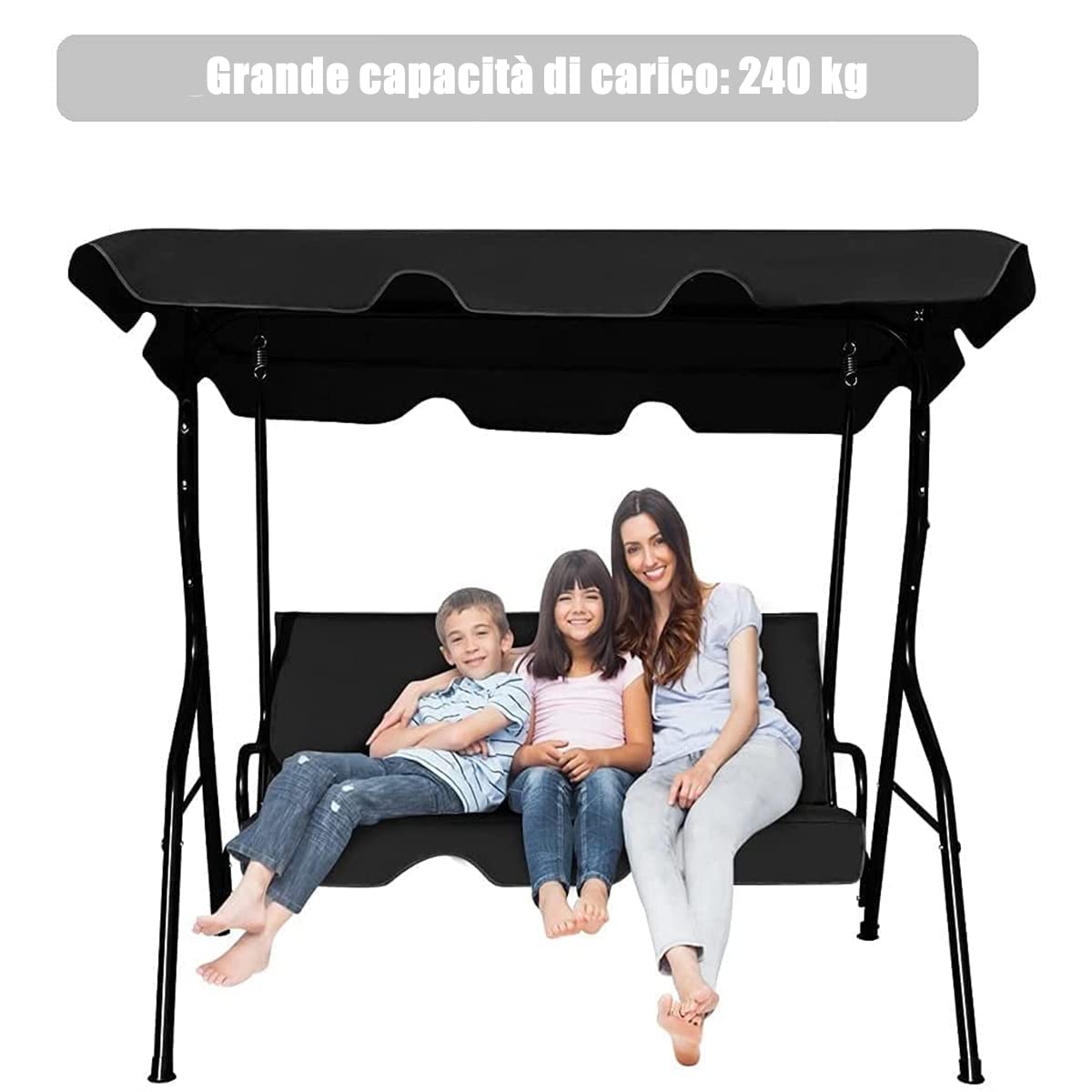 GYMAX Dondolo a 3 Posti in Acciaio, Dondolo da Esterno con Tettuccio Inclinabile e Resistente al Sole, Ideale per Giardino, Cortile e Terrazzo, 172 x 110 x 154 cm, con Portata di 240 kg (nero)