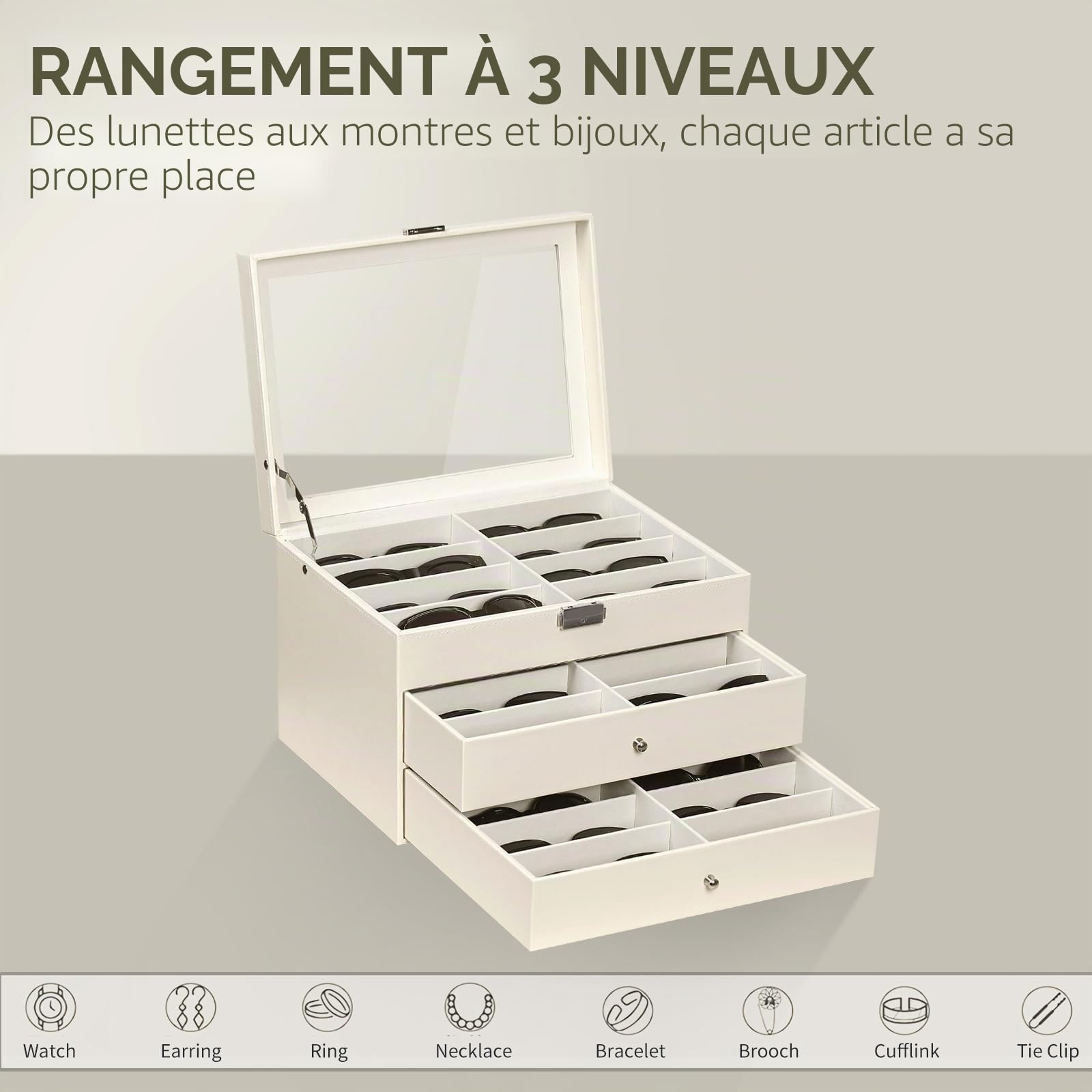 AUTOARK Étui de rangement verrouillable en cuir avec couvercle transparent pour 24 lunettes de soleil,Beige,MKAW047