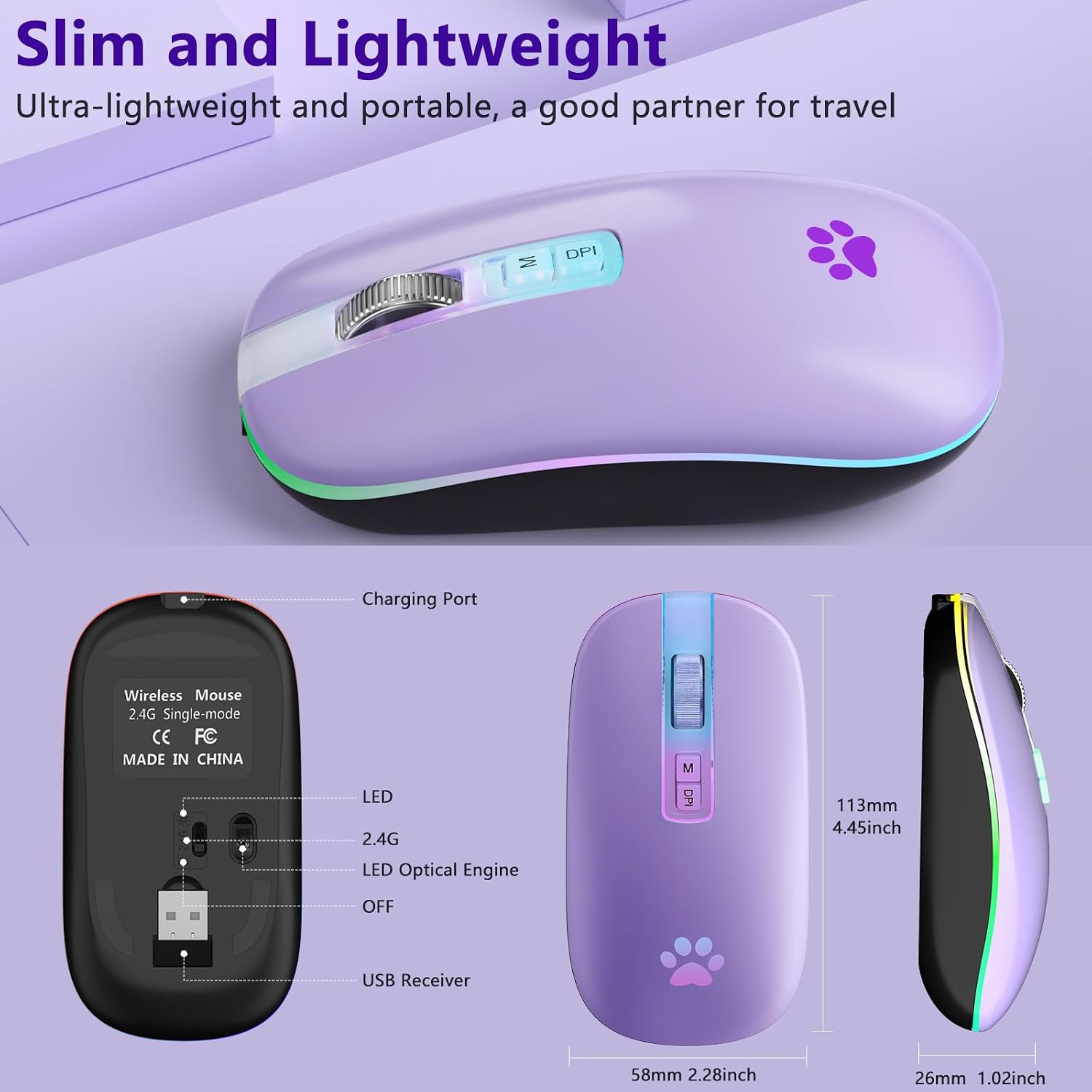 KARFUN Wireless Mouse, Backlit LED Portable Slim Computer Mouses for Laptop, PC, Computer, MacBook, iPad, Chromebook, Notebook, 2.4G Rechargeable Wireless Mouse (Light Purple)