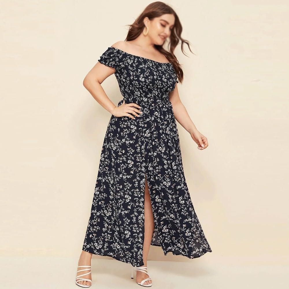 JSEIAJB Women Split Thigh Floral Dresses Slash Neck Boho Sundress Party Dress Off Shoulder Dress