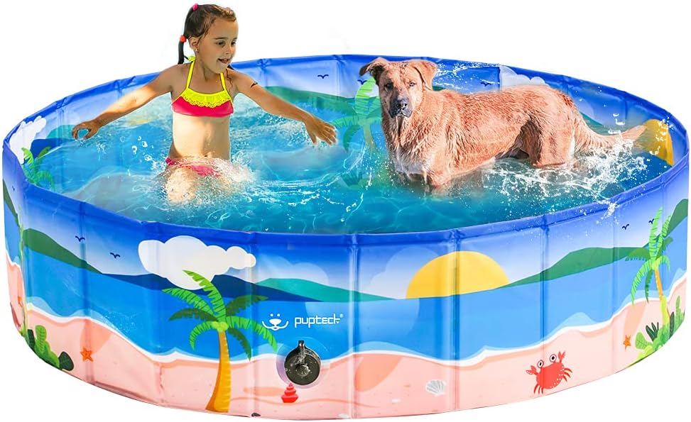 PUPTECK Dog Swimming Pool - Large Foldable Pet Pool Bathing Tub with Hawaiian Beach Printing Outdoor Bathtub Collapsible for Dogs and…