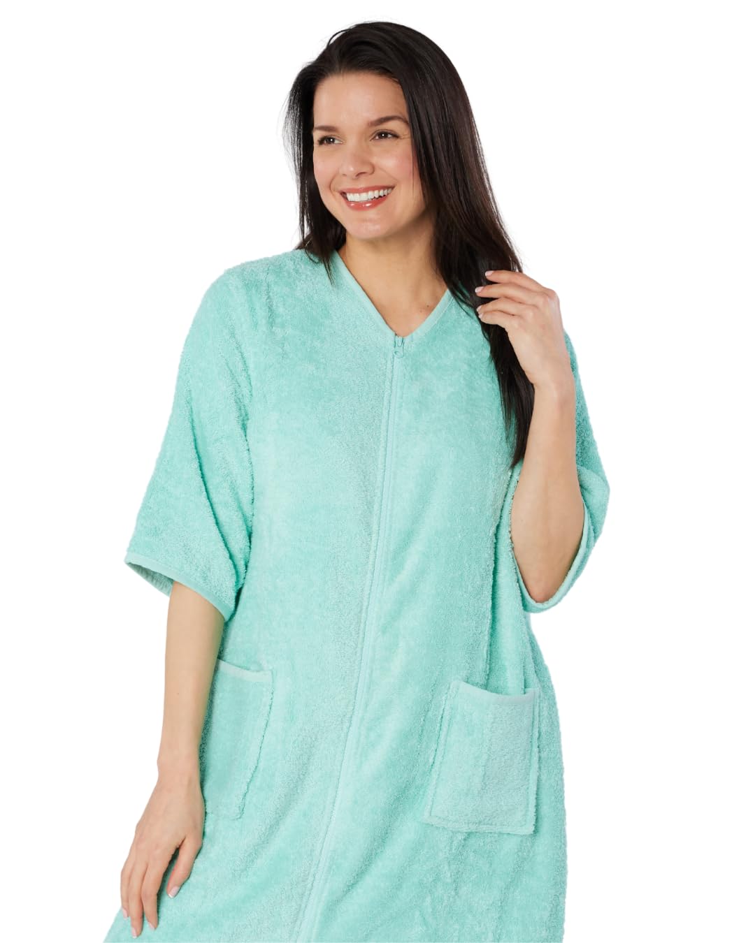 Suzy & Me Peignoir à manches 3/4 avec fermeture éclair 100 % coton pour femme | Manches 3/4, fermeture éclair, tissu éponge, 100 % coton