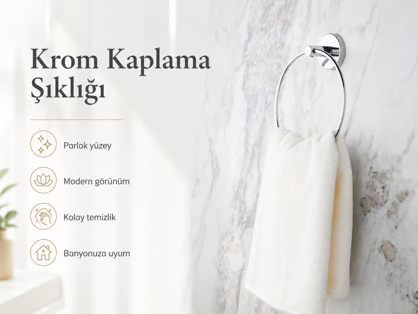 Alper Banyo İris Krom Kaplama Halka Havluluk, Yapışkanlı ve Vidalı Montajlı Banyo Havlu Askısı, 35 mm Oval Bantlı, Parlak Yüzey