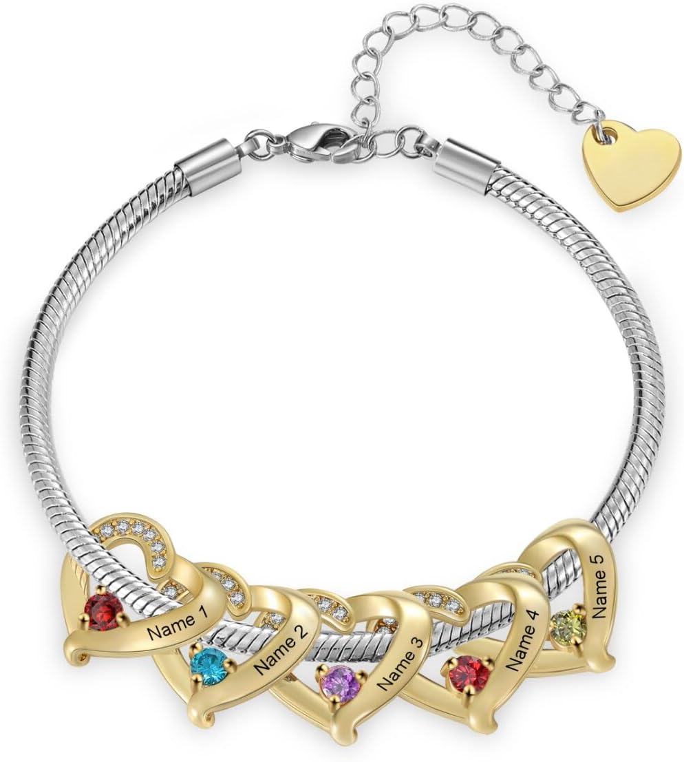 Birthstone Bracelets for Women - Personalized Mothers Bracelet with Birthstone Engraved 1-5 Names Mothers Day Bracelet Customized Christmas Gifts for Women Mom