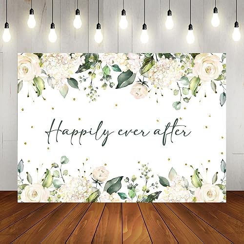 Lofaris Telón de fondo para boda, flores blancas, hojas verdes, puntos dorados, fondo de fotografía, despedida de soltera, boda, fiesta, pancarta,