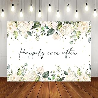 Lofaris Happily Ever After Backdrop for Wedding White Floral Green Leaves Gold Dots Photography Background Bridal Shower Wedding Party Decorations Banner Photo Props 7x5ft