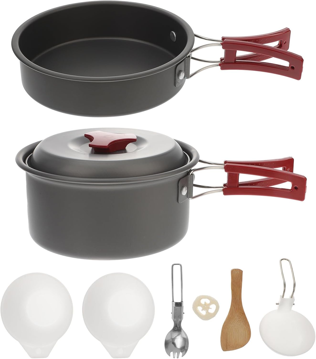 Portable Camping Cookware Set for 1-2 People, Aluminum Alloy Cooking Pot and Frying Pan with Foldable Handles, Easy to Clean Mess Kit for Outdoor Camping and BBQ