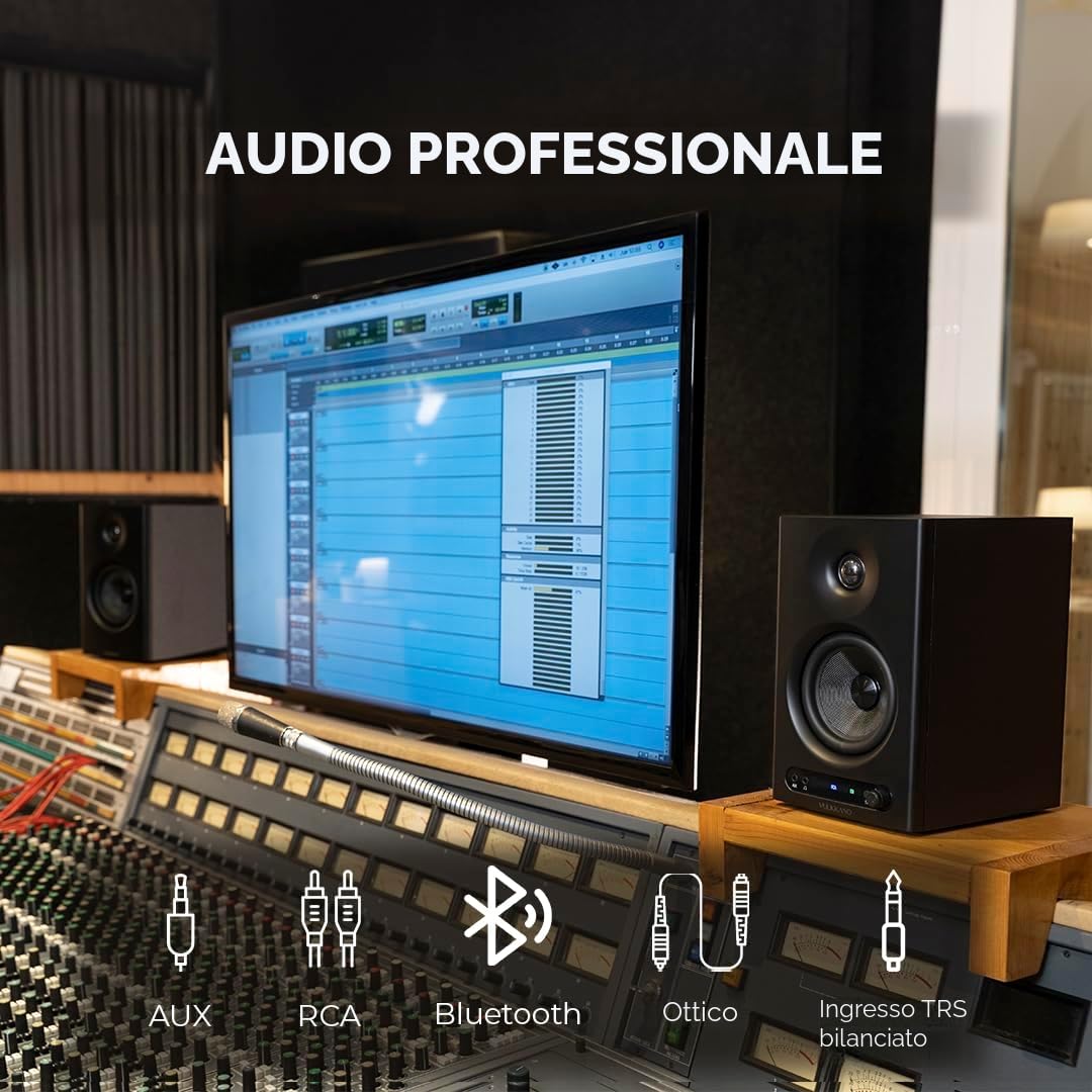 VULKKANO PRO4 Casse Monitor Studio con Woofer da 4”, Bluetooth, Ingresso Bilanciato TRS, RCA, Uscita per Cuffie, AUX, Ottica, Regolazioni EQ, Casse per PC