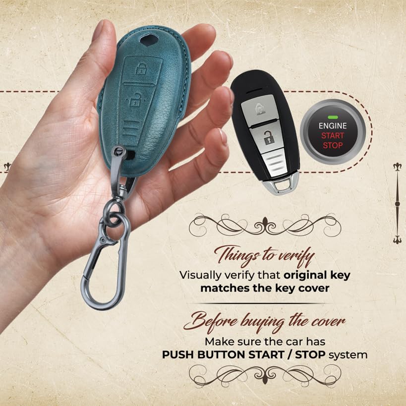 Image of Keyzone Vintage Leather Key Cover for Baleno, Ciaz, Ignis, SCross, Vitara Brezza, Urban Cruiser 3 Button smart Key (VL Leather - Blue)