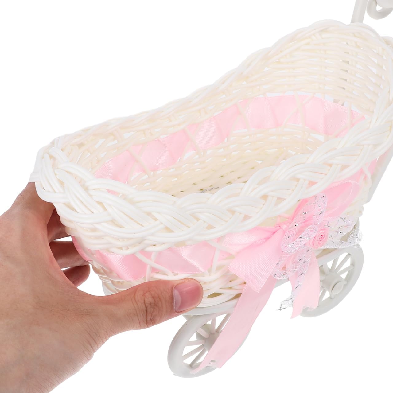 POPETPOP Wicker Baby Carriage- Rattan Baby Doll Basket with Stroller Cart Candy Basket Vintage Carriage Decorations for Shower Party Favors