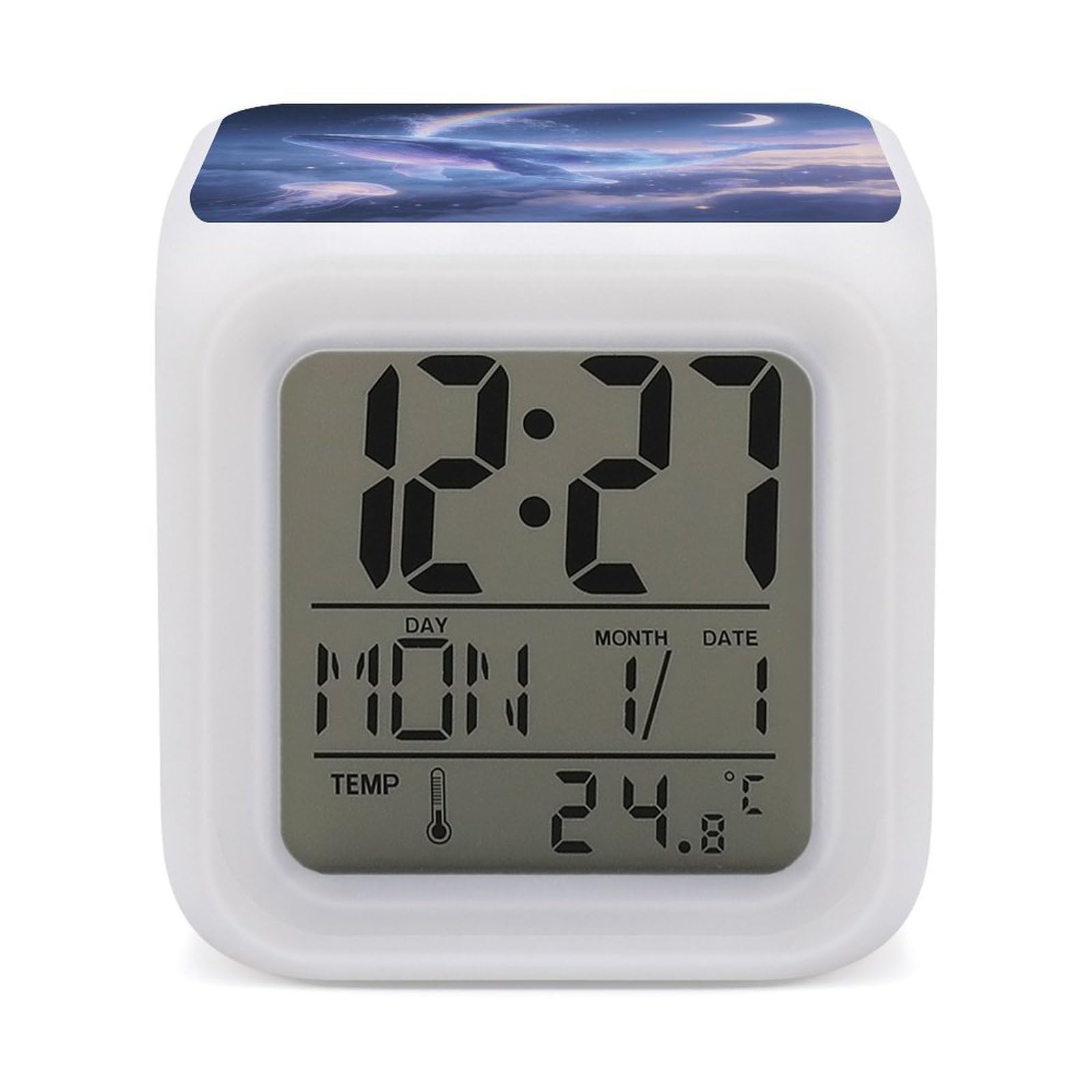 LZQPOEAS Dreams of Whales in The Clouds Alarm Clock with 7 Color Changing Nightlight for Bedroom Calendar Temperature Display Wake Up Digital Clock Small Desk Clocks for Heavy Sleepers Adults