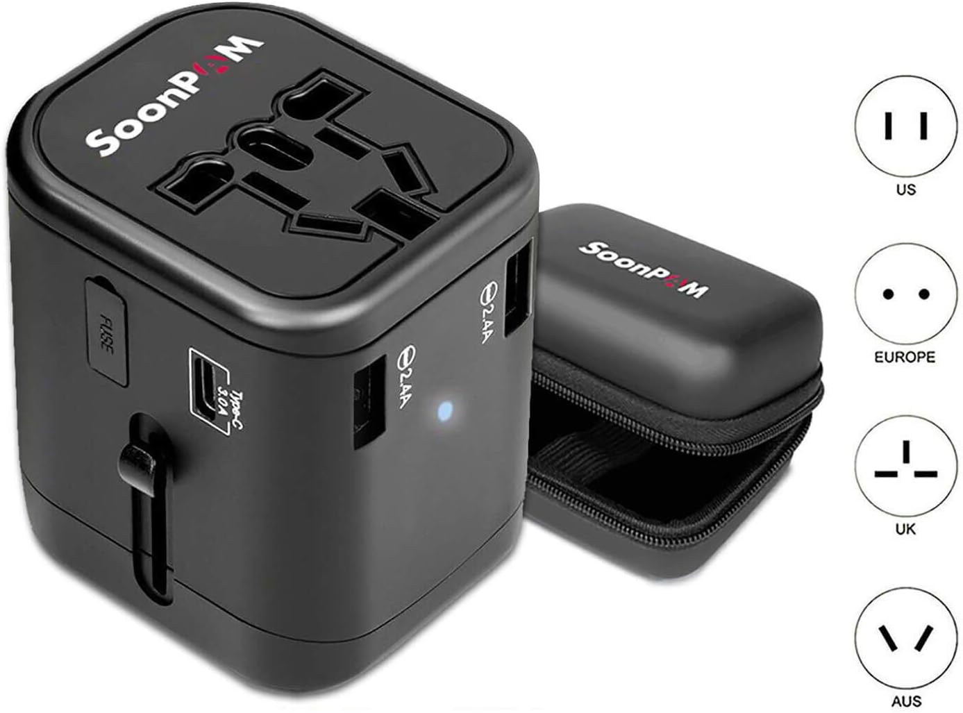 Travel Adapter Universal International Power Adapter Quick USB Charger with 1 Type C and 3 USB Ports All in One Worldwide Power Outlet Converter Wall Plug Adapter for USA/EU/UK/AUS(Black）