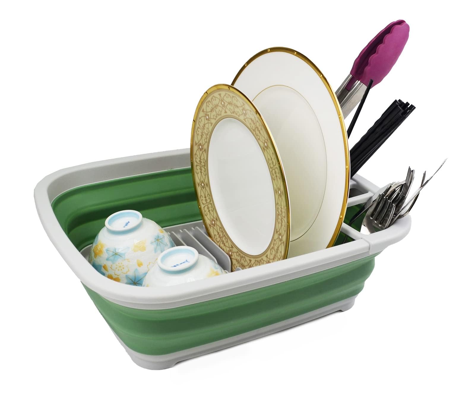 Sammart Grey/Dark Sea Green 8L Collapsible Plastic Dish Drainer - Foldable Drying Rack - Portable Dinnerware Organizer - Space Saving (, 1)
