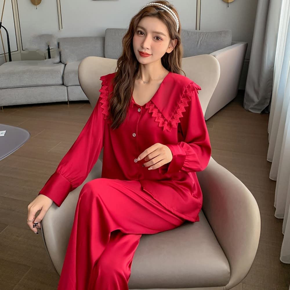 Schlafanzüge Für Damen,Damen-Pyjama-Sets Roter Seidensatin-Revers Gekräuselte Spitzenknöpfe Luxuriöse Gemütliche Pyjama-Oberteile Mit Langen Ärmeln & Unterteile Set Lounge Wear Nachtwäsche
