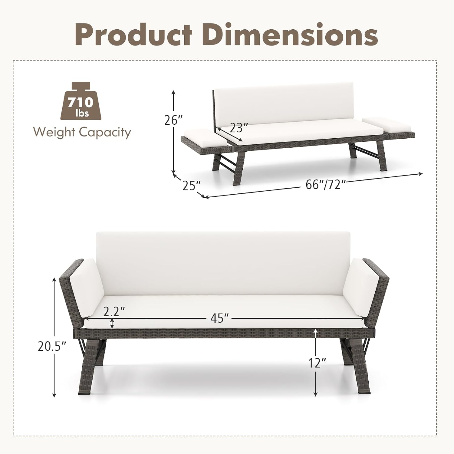 Tangkula Outdoor Convertible Sofa Daybed with Adjustable Armrests, PE Rattan Patio Couch Furniture with Removable Cushions, Patio Chaise Lounge Loveseat for Porch, Balcony, Backyard, Poolside