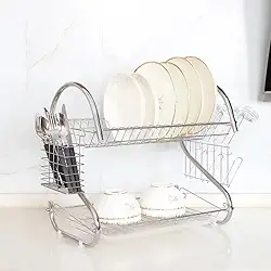Escorredor de Louça Inox 2 Andares com Bandeja Coletora Porta Talheres e Porta Copos Removíveis Pés Antiderrapantes Para Pratos Panelas Travessas Organização de Cozinha 40x24x38cm