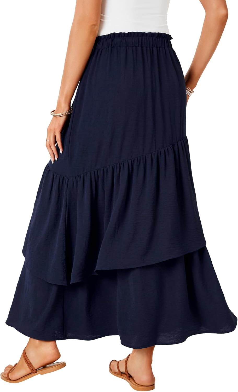 Vrtige Women's Summer Elastic High Waist A Line Flowy Asymmetrical Ruffle Maxi Long Skirts - Image 5