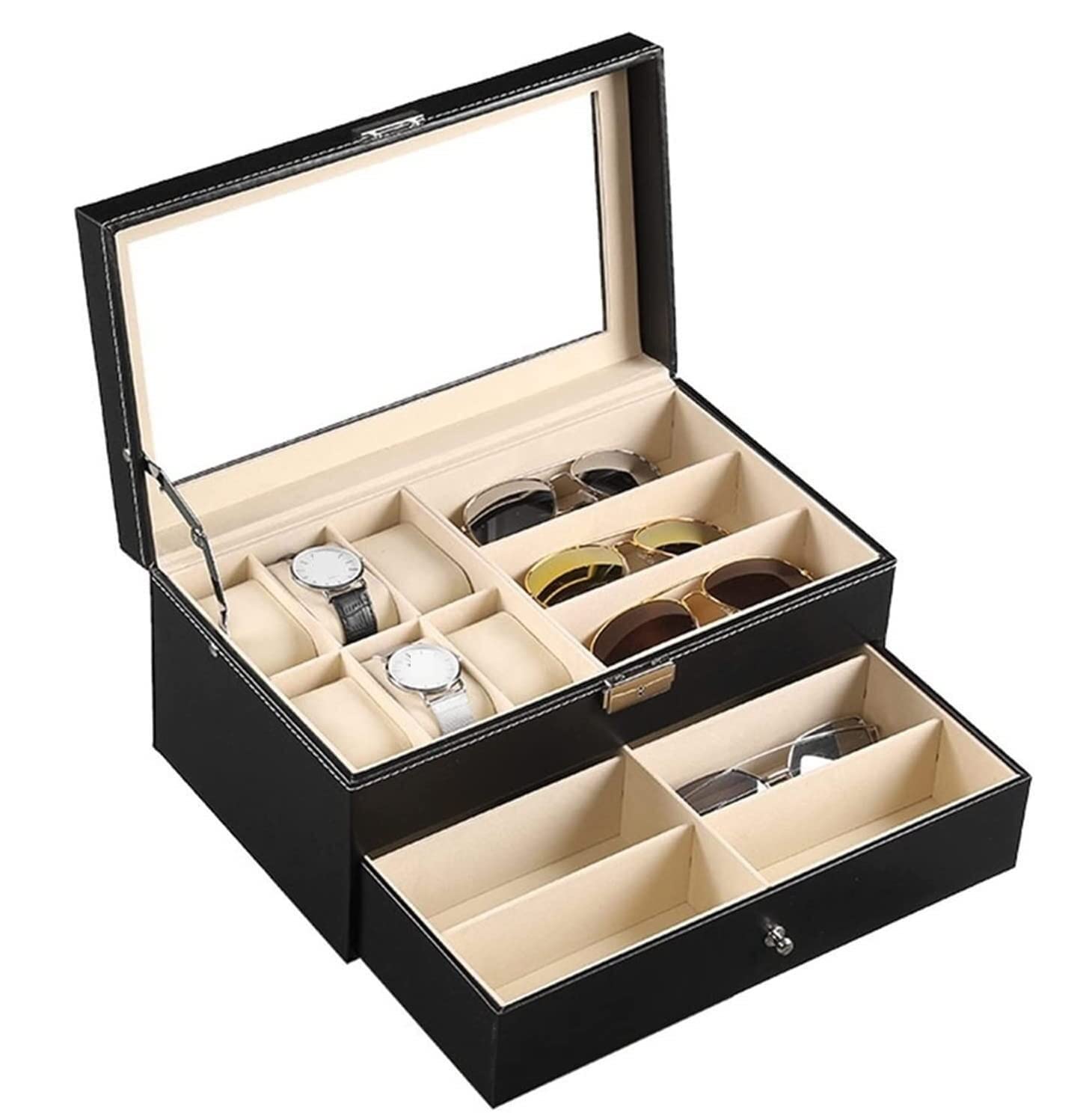 Uhrenbox-Organizer, Uhrengehäuse, doppelschichtiges PU-Leder, 6 Fächer, Uhrenbox, 9 Stück, Brillenaufbewahrung, Ausstellungshalter, Schublade, abschließbares Gehäuse, Uhrenständer, Uhrenbox