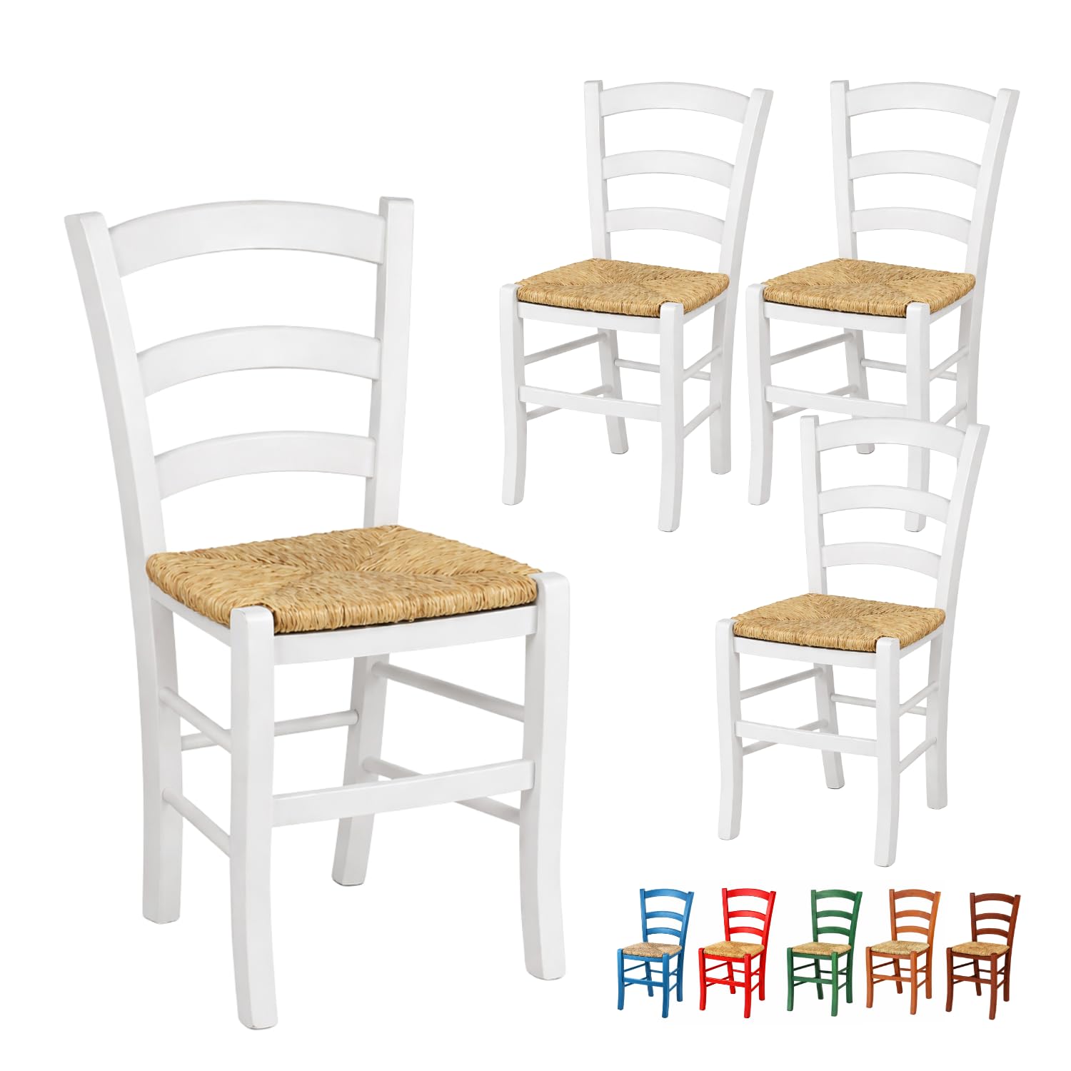 VIRSUS Set 4 Sedie Paesana in Legno con Seduta in Paglia, Misura 43x42x86 cm, Sedia Tradizionale Robusta, per Casa, Cucina, Agriturismo, Ristorante, Made in Italy (Bianco)