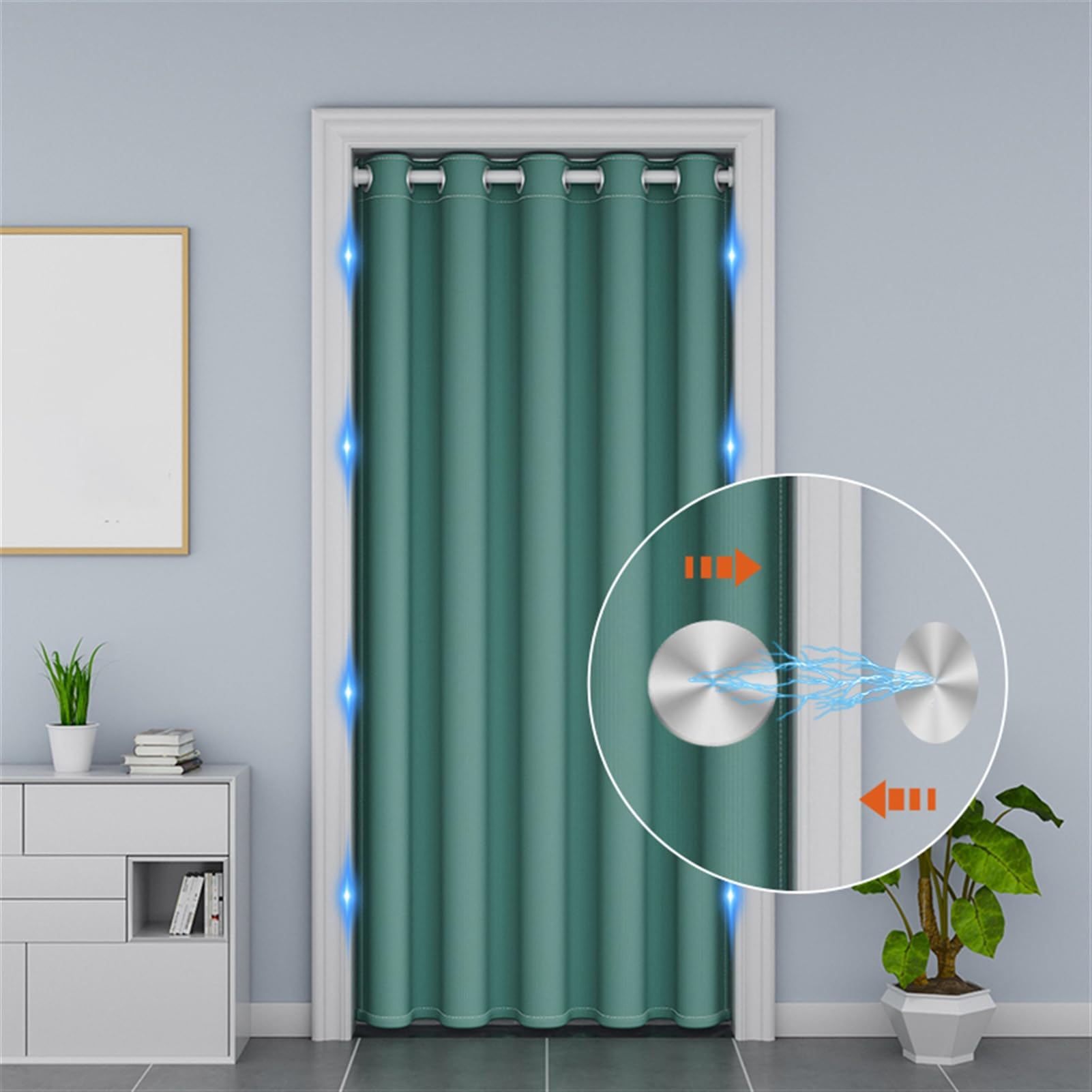 Wärmeisolierter magnetischer Türvorhang, geräuschreduzierend, Raumteiler, Ösen, akustischer Vorhang für Küche und Schrank, Pfauengrün, 200 x 270 cm, 1 Stück
