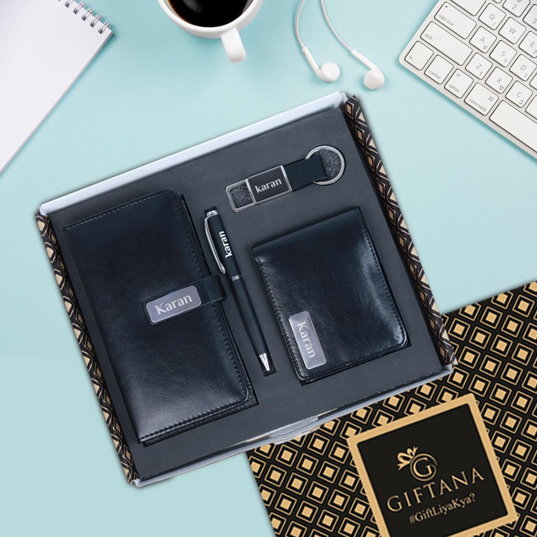 Giftana Personalized Diary with Pen, Leather Wallet and Metal Keychain Gift Set for Men, 4 in 1 Personalized Gifting Items for Husband, Customized New Year Corporate Gifts for Employee (Black)