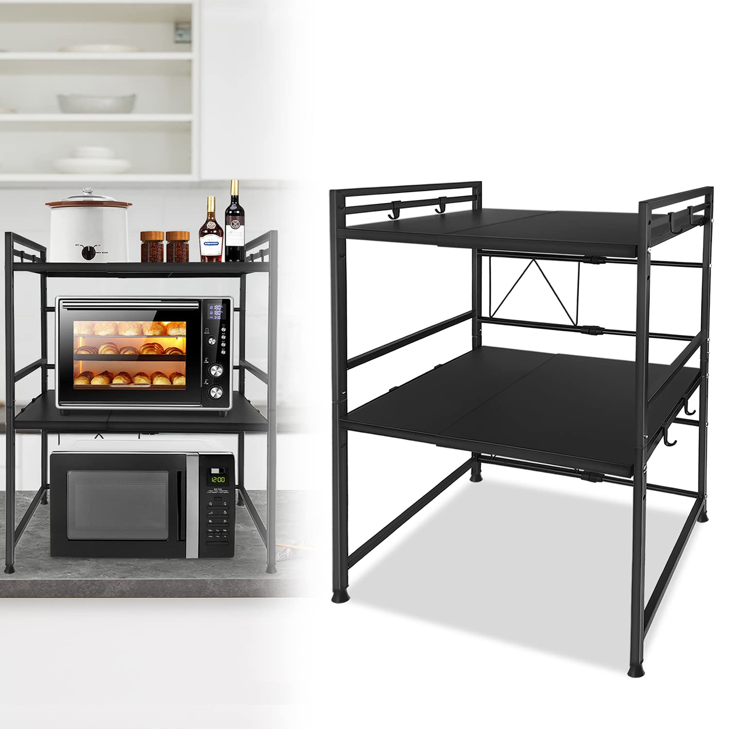 Support De Micro-ondes à 3 Niveaux Avec 6 Crochets à Pince Noir