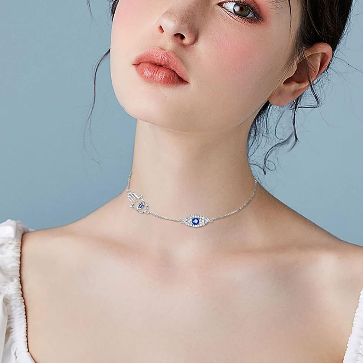 Alphm Evil Eye Hamsa Hand Choker S925 Sterling Silver Short Dainty Pendant Necklace for Women Jewelry Gift - Image 2
