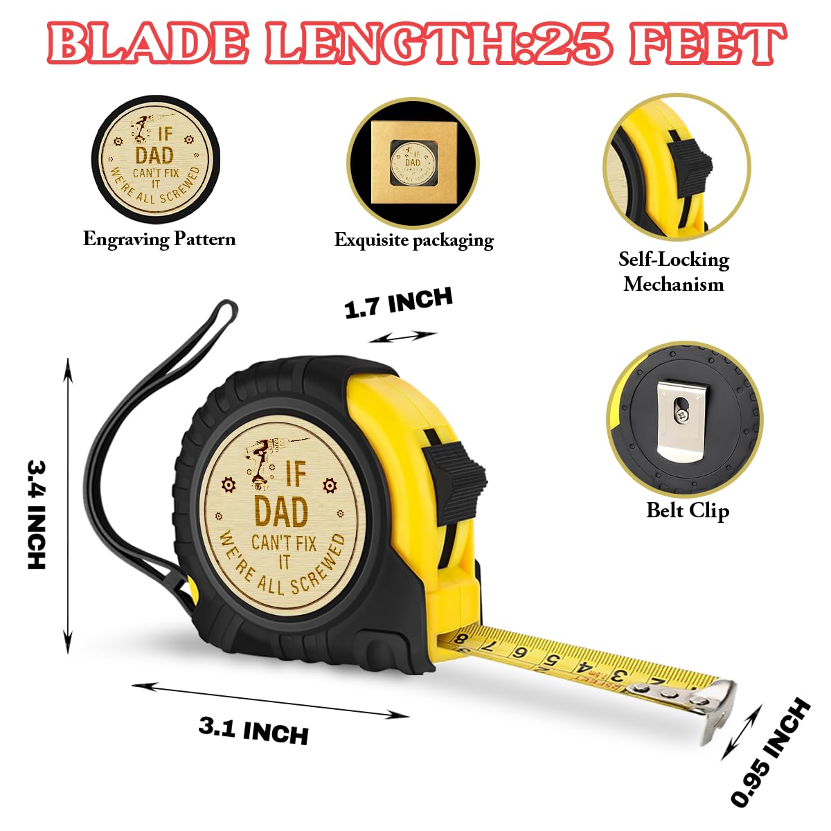 Dad Gifts Father's Day Gifts for Dad Papa Grandpa from Daughter Son Wife Christmas Birthday Tool Wood Worker Carpenter Gift for Papa Tape Measure 25 FT