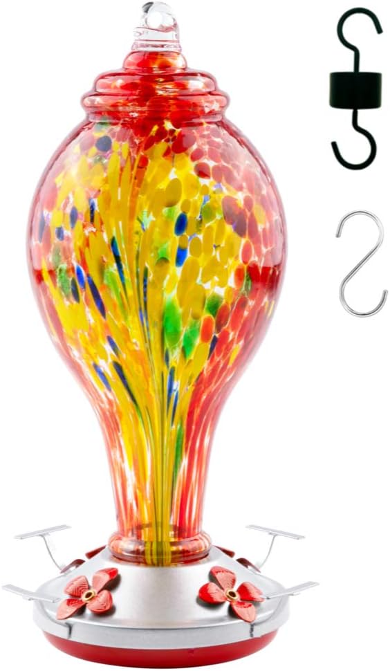 WOSIBO Hummingbird Feeder for Outdoors Patio 36 Ounces Colorful Hand Blown Glass Hummingbird Feeder with Ant Moat, Hanging Hook, Rope, Brush and Service Card (RED-Firework)
