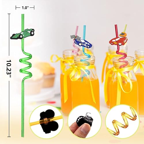 Miniatura 4 de Paquete de 24 popotes reutilizables para autos de carreras, regalos de fiesta para niños, cumpleaños, rally rápido, suministros de fiesta de