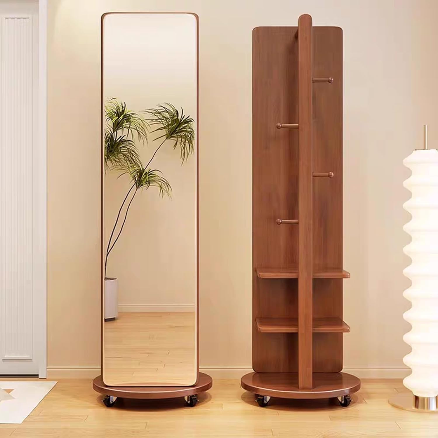 Floor-Standing Solid Wood Rotating Coat Rack，360° Rotatable Wood Full Body Mirror Coat Rack Floor Mirrors for Bedroom & Living Room Roller Version Mirror Stand