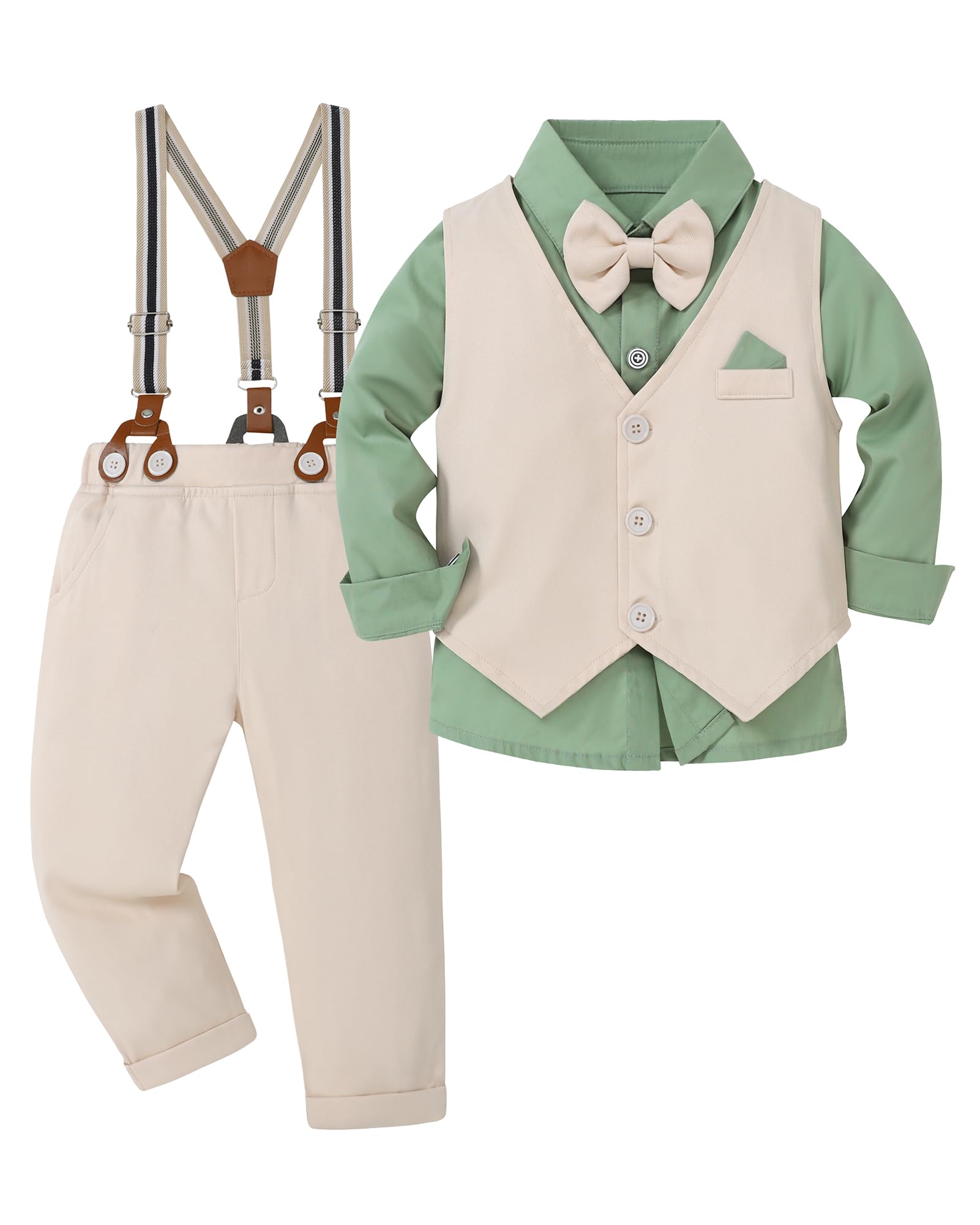 YUEMION Toddler Baby Boy Clothes Suits Gentleman Dress Shirt+Bowtie+Vest+Suspender Pants Boy Formal Wedding Outfits Set 1-5T