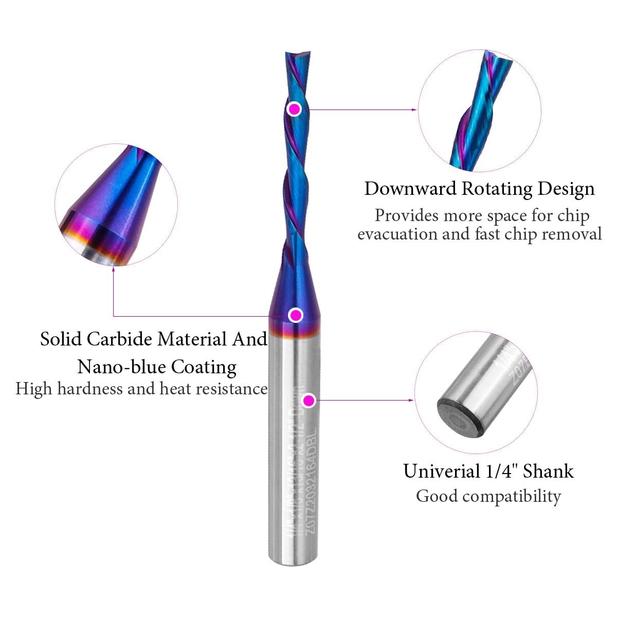Down Cut Spiral Router Bit 1/4" Shank, CNC Router Bit Solid Carbide End Mill with 1/8" Cutting Diameter, 13/16" Cutting Length for Woodworking, Carving, Engraving, Milling
