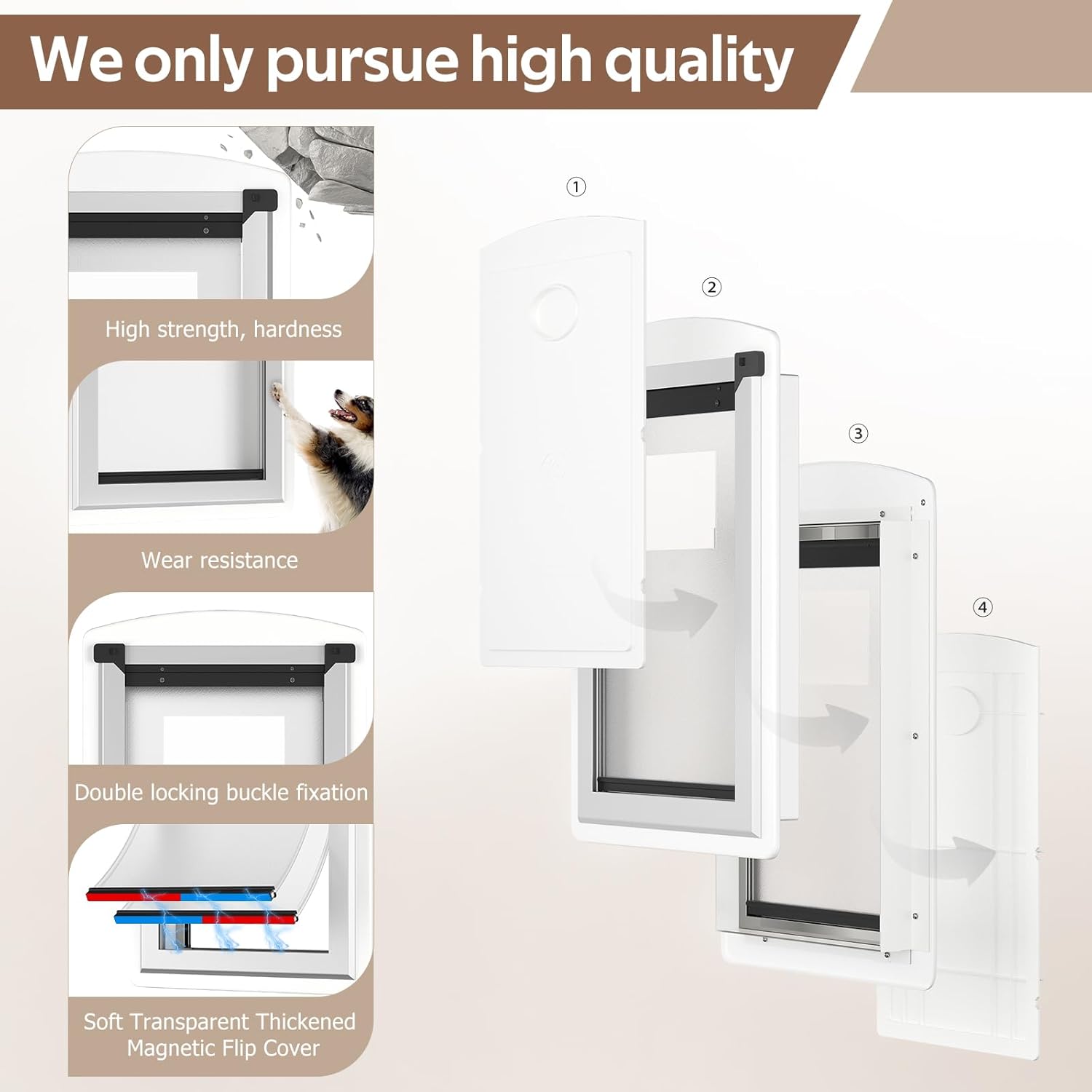 [MAVRICTECH] Large Dog Door for Door - Dog Door for Exterior Door with Telescoping Tunnel, Steel Frame, Magnetic Double Flaps, 2 Sliding Locks, Weatherproof, Fits Pets Up to 110LBS, White