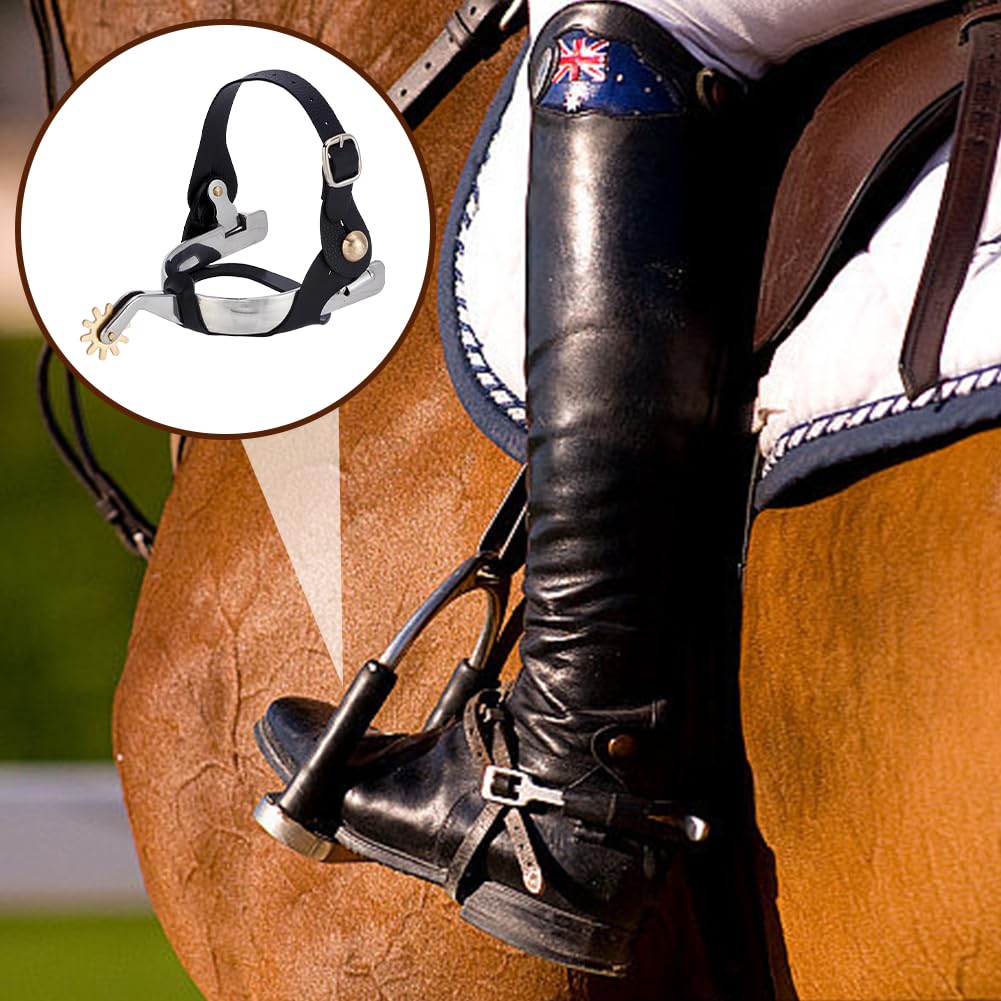 WEBEEDY 2 Paket Edelstahl Sporen für Cowboy Stiefel mit Festzurrgurten,Leder Gürteln,Western Pferd Reiten Sporen Drehbares Zahnrad für Cowboy Stiefel Training Wettbewerb Zubehör