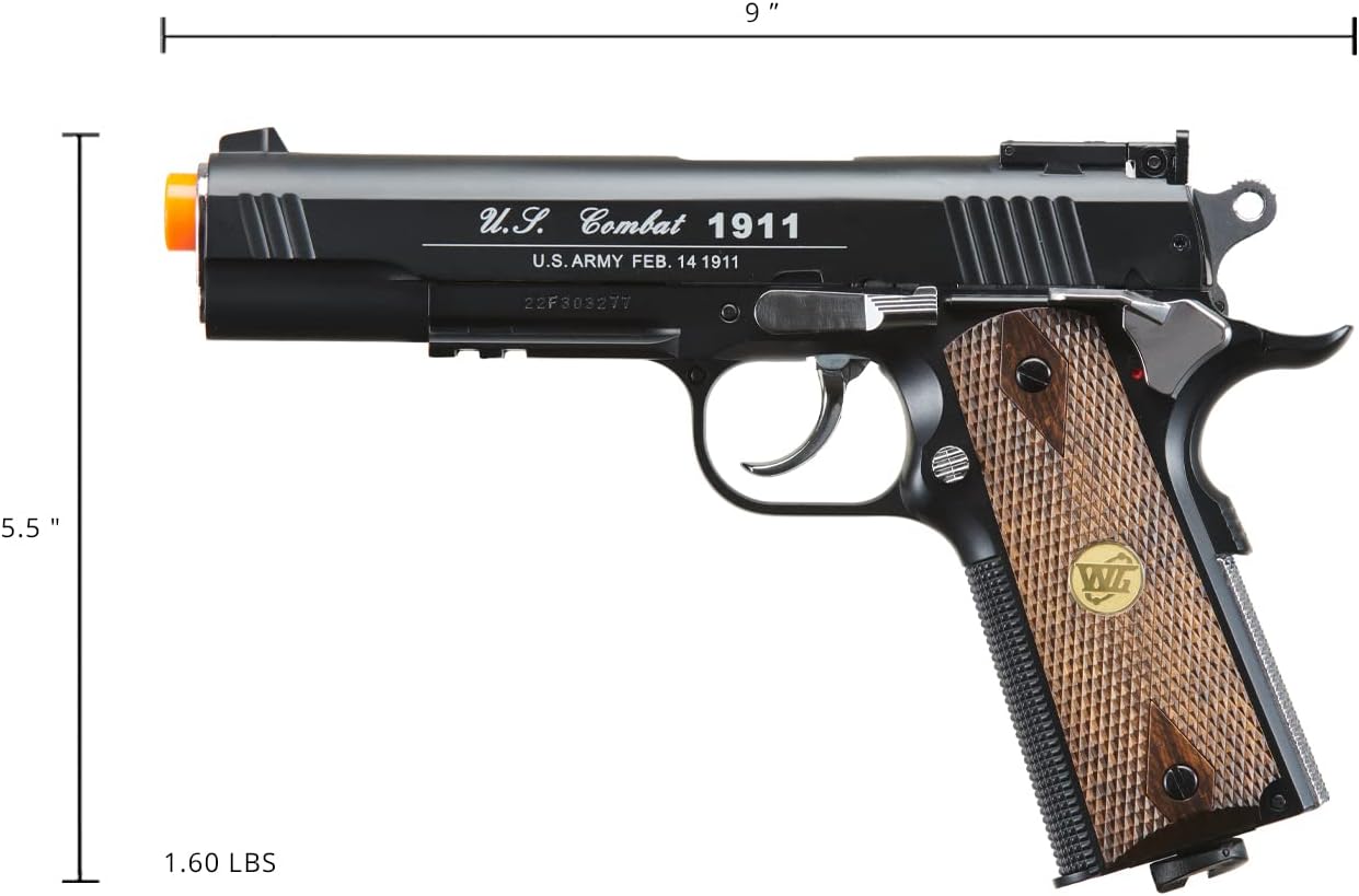 WG 500 FPS Steel 1911 Gas CO2 Non-Blowback M15 Airsoft Hand Gun Pistol w/Accessory Rail 6mm BB