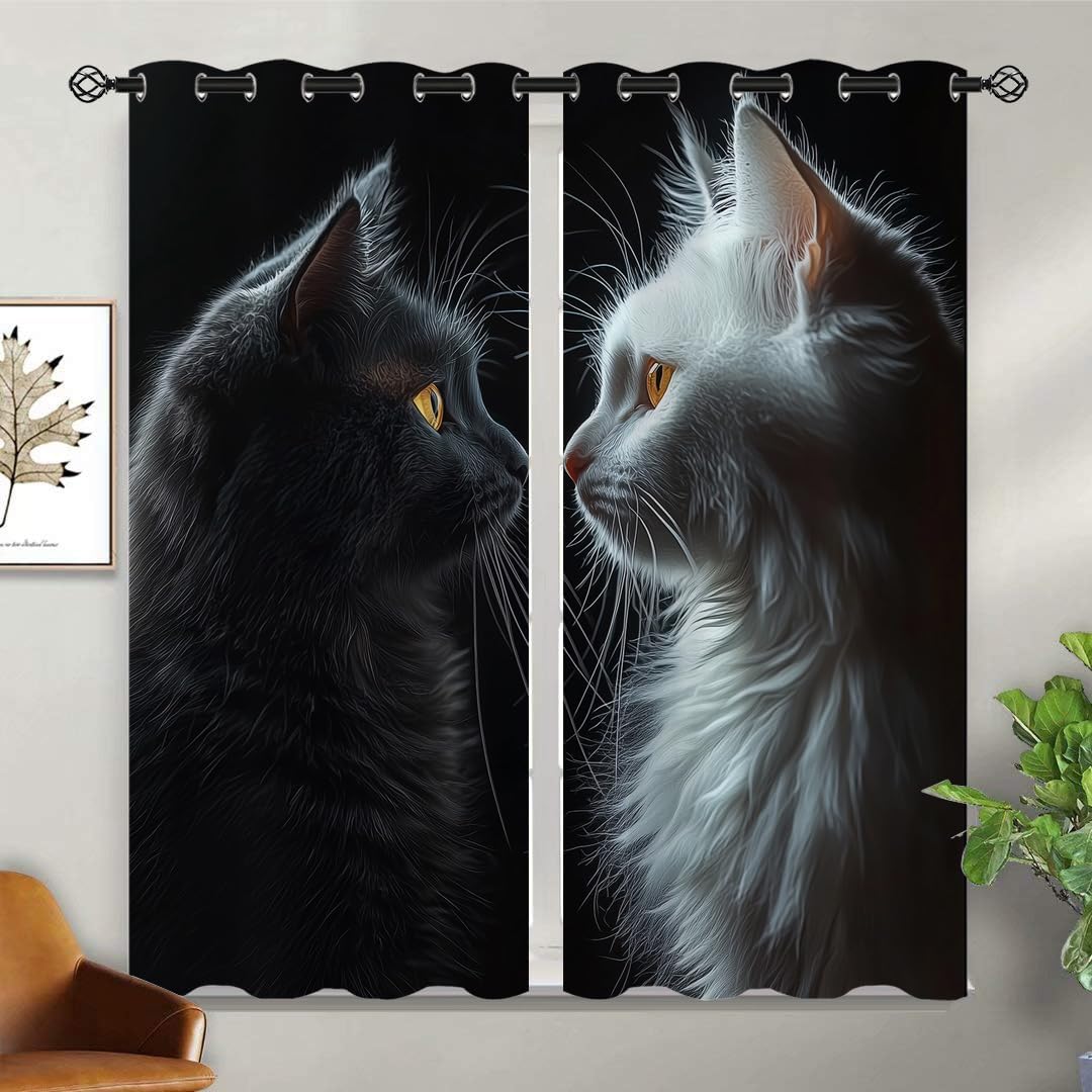 Black White Cat Blackout Curtains for Girls Boy Home Decor, Funny Animal 3D Cute Kitty Grommet Thermal Insulated Drapes Darkening Window Curtain for Bedroom Living Room, 42 x 45 Inch
