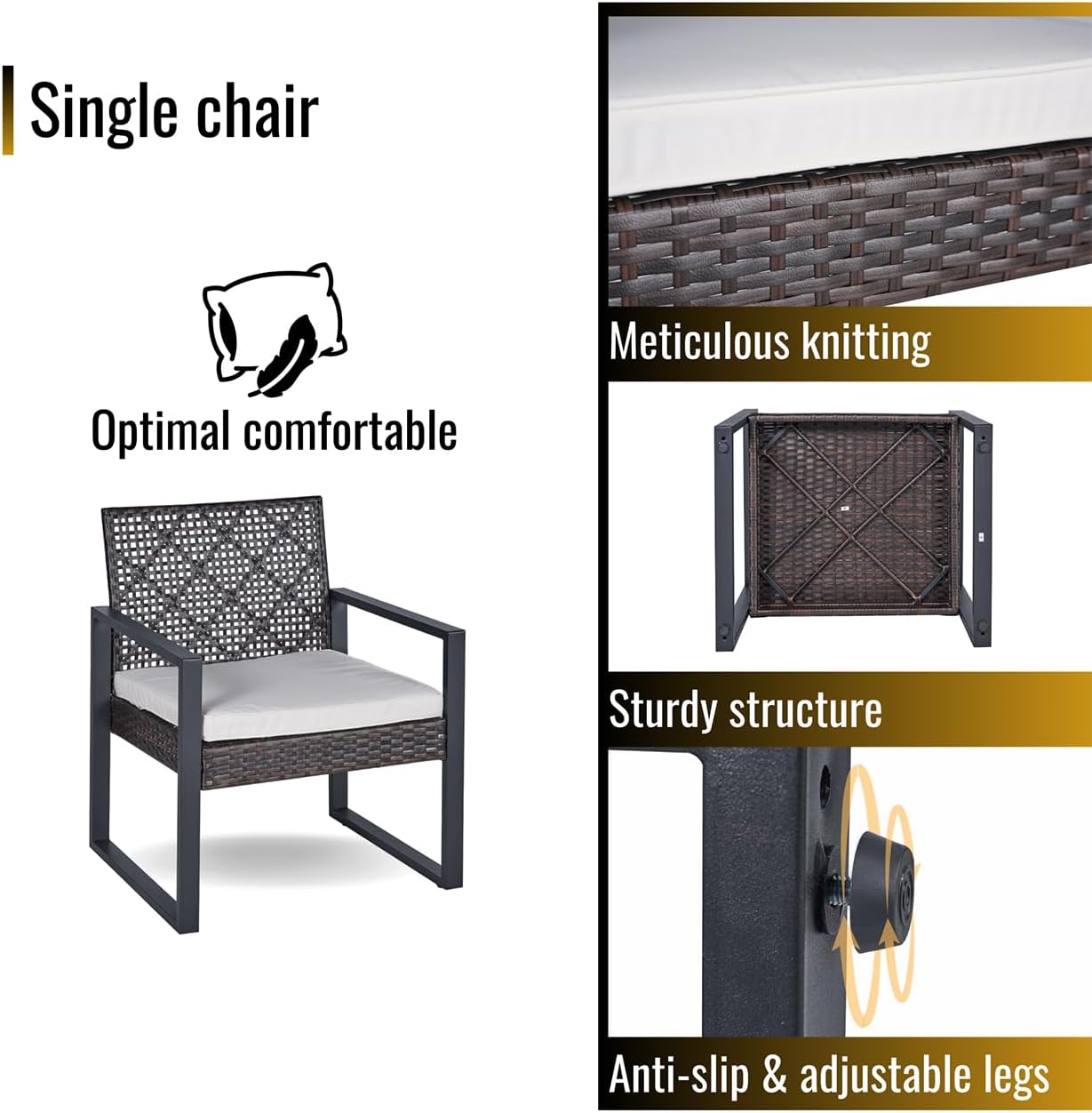 4 Pieces Wicker Patio Furniture Set, Outdoor Patio Furniture sets includes 3 Wicker Chair with Cushions, 1 Acacia Wood Table, Outdoor Furniture Set for Patio, Balcony, Porch, Brown
