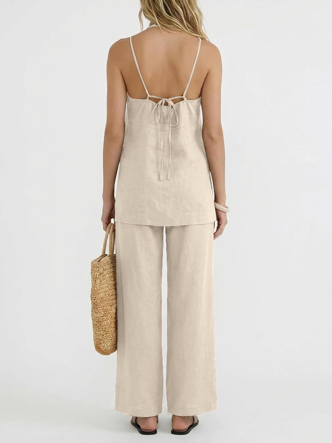 UNCOOYEE Womens 2 Piece Linen Outfits Halter Neck Sleeveless Side Split Top Wide Leg Pants Set Casual Beach Travel Sets