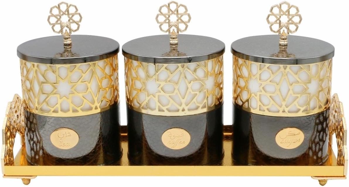 Elegant Ottoman Style Storage Containers Set of 3 Ceramic and Metal with Stand
