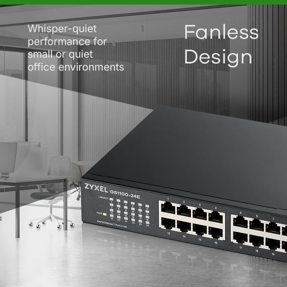 ZyXEL GS1100-24E Conmutador de red no administrado Gigabit Ethernet (10/100/1000) Negro switch - Switch de red (No administrado, Gigabit Ethernet (10/100/1000)) | 24 puertos GbE, sin ventilador, kit de montaje en rack incluido, puertos SFP duales, soporte