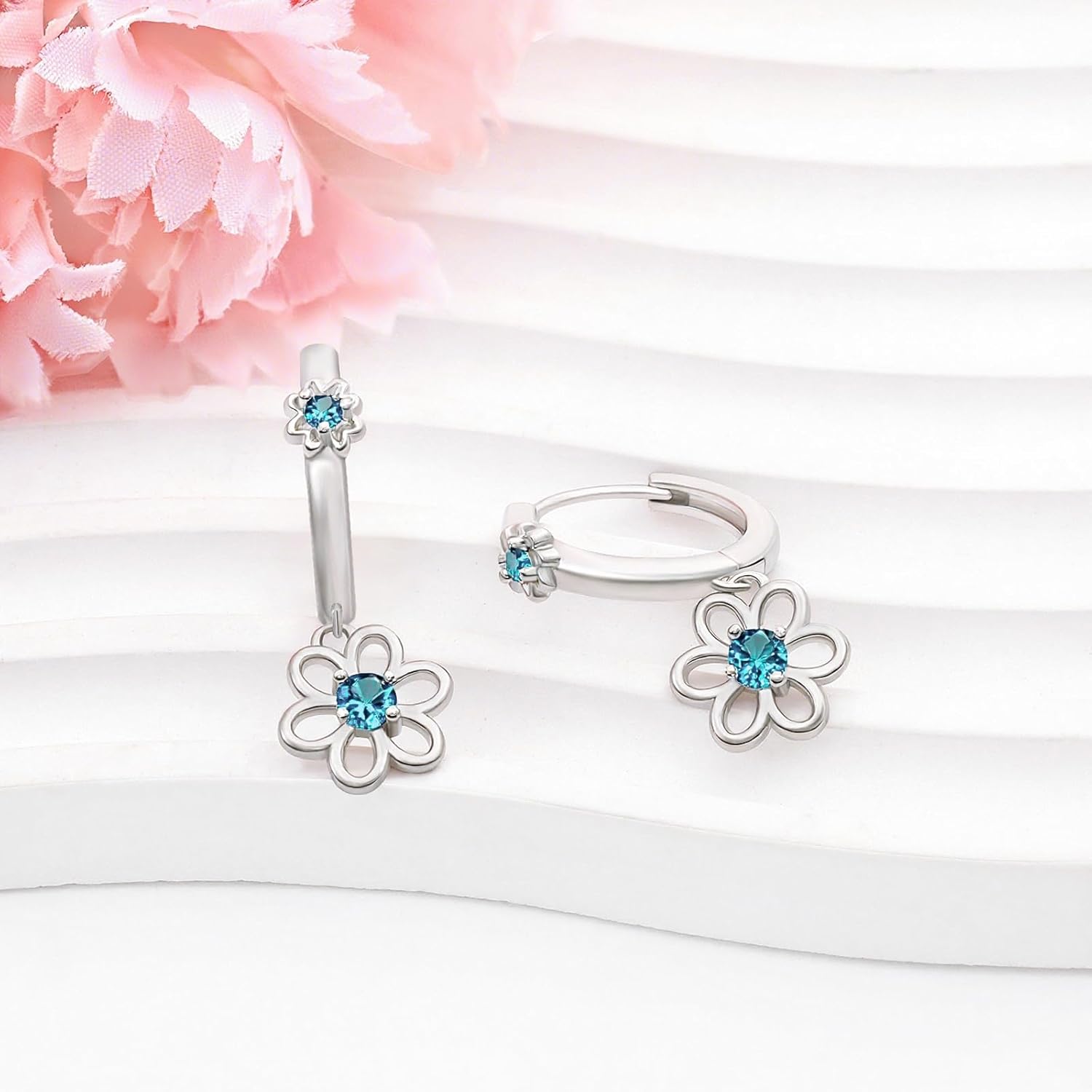 Blue CZ Daisy Hoop Earrings S925 Sterling Silver Flower Dangle huggie Earrings Dainty Hypoallergenic Floral Jewelry Gifts for Daughter Birthday Wedding - Image 2