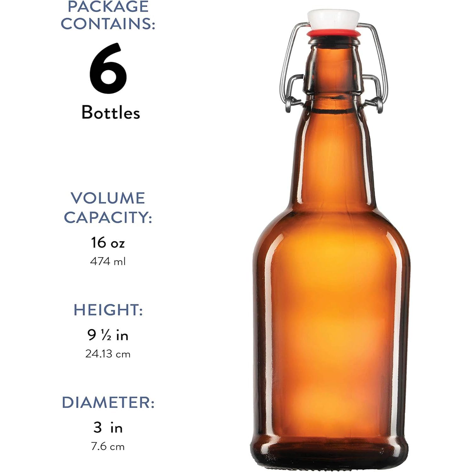 Lot de 6 bouteilles en verre avec bouchon basculant, brassage de bière avec bouchons hermétiques pour vin, condiments, boissons, huile, vinaigre, kombucha et eau, 474 ml, ambre