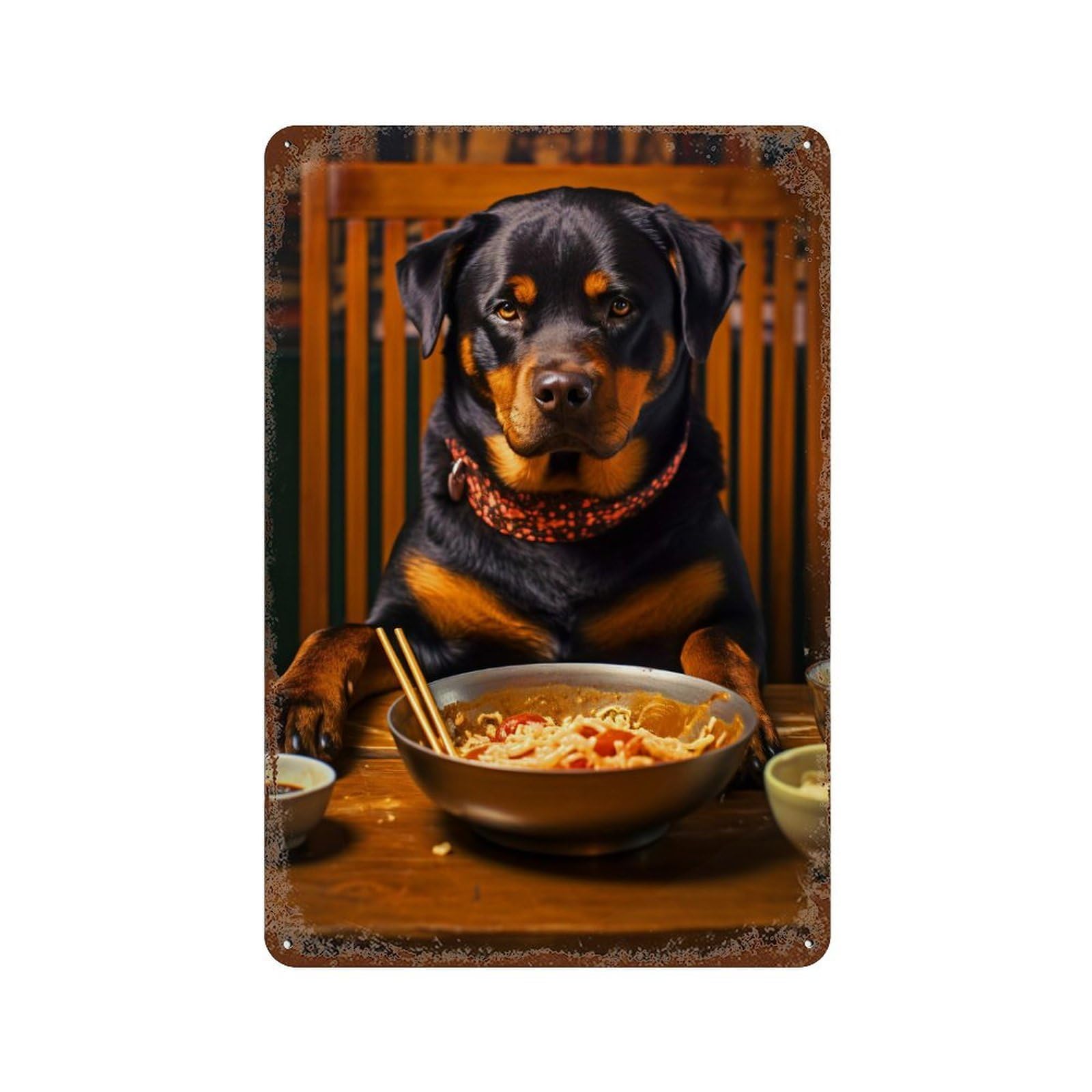 Rust Effect Rottweiler Eating Noodles Rusty Metal Tin Sign 11.8"x7.9", Industrial Home Decor for Living Room, Hallway And Home Decor