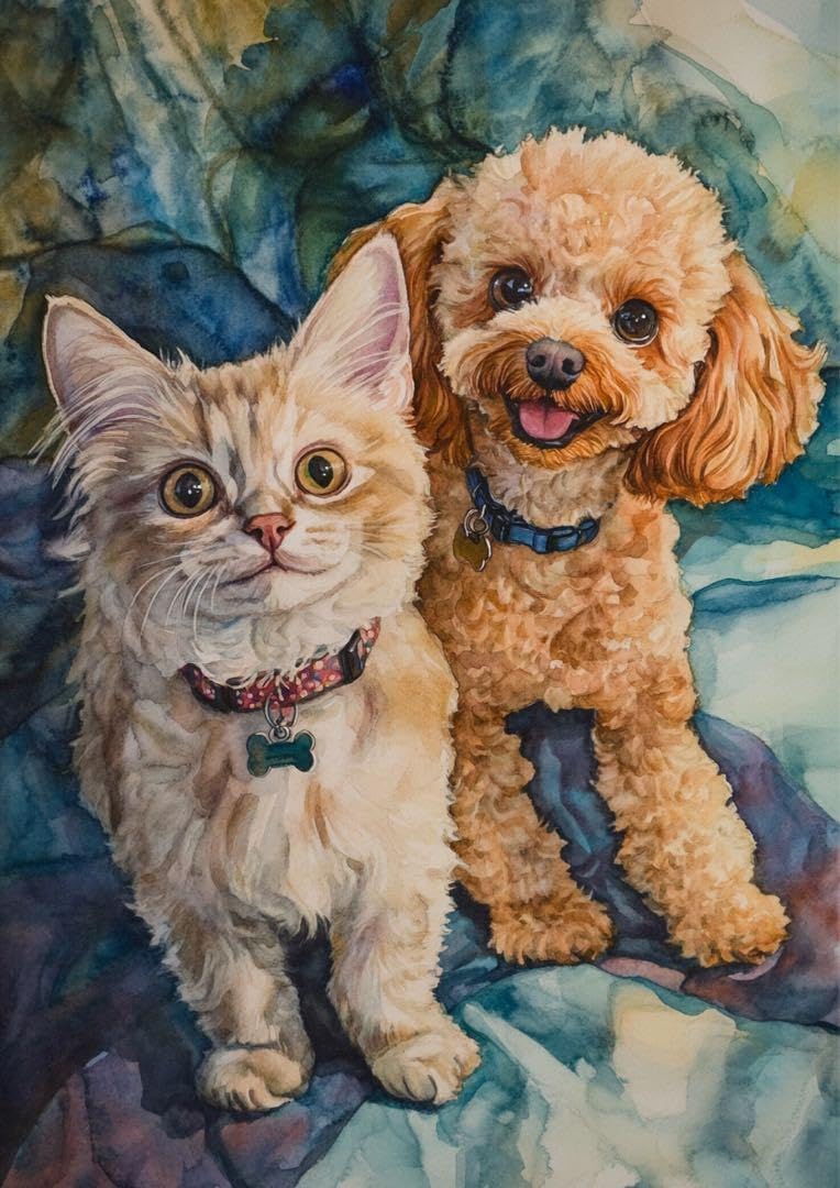 キジトラ猫とトイプードル犬の水彩画のA4プリント画 ペット肖像画 事例