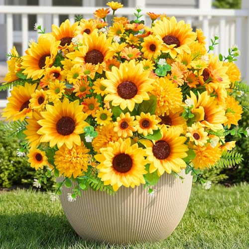 Faylifeway 8 Bundles Artificial Flowers for Outdoors,UV Resistant Faux Sunflowers