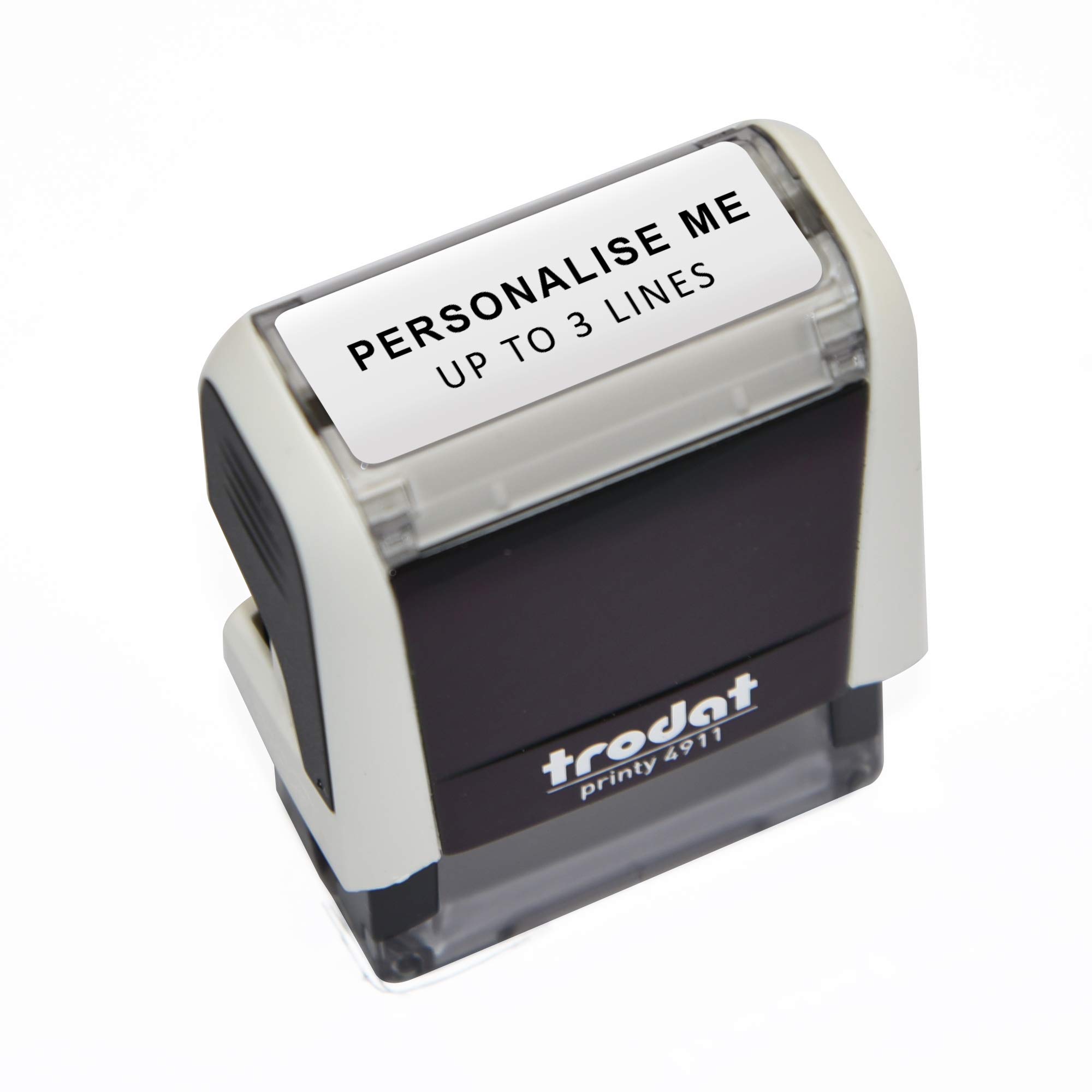 Trodat White Printy 4912 Personalised Custom Office, Business and Teacher Stamp – Allows Up to 4 Lines of Text – Impression Size 45 x 17 mm – Self-Inking with 3 Ink Pad Colours to Choose from — image 1