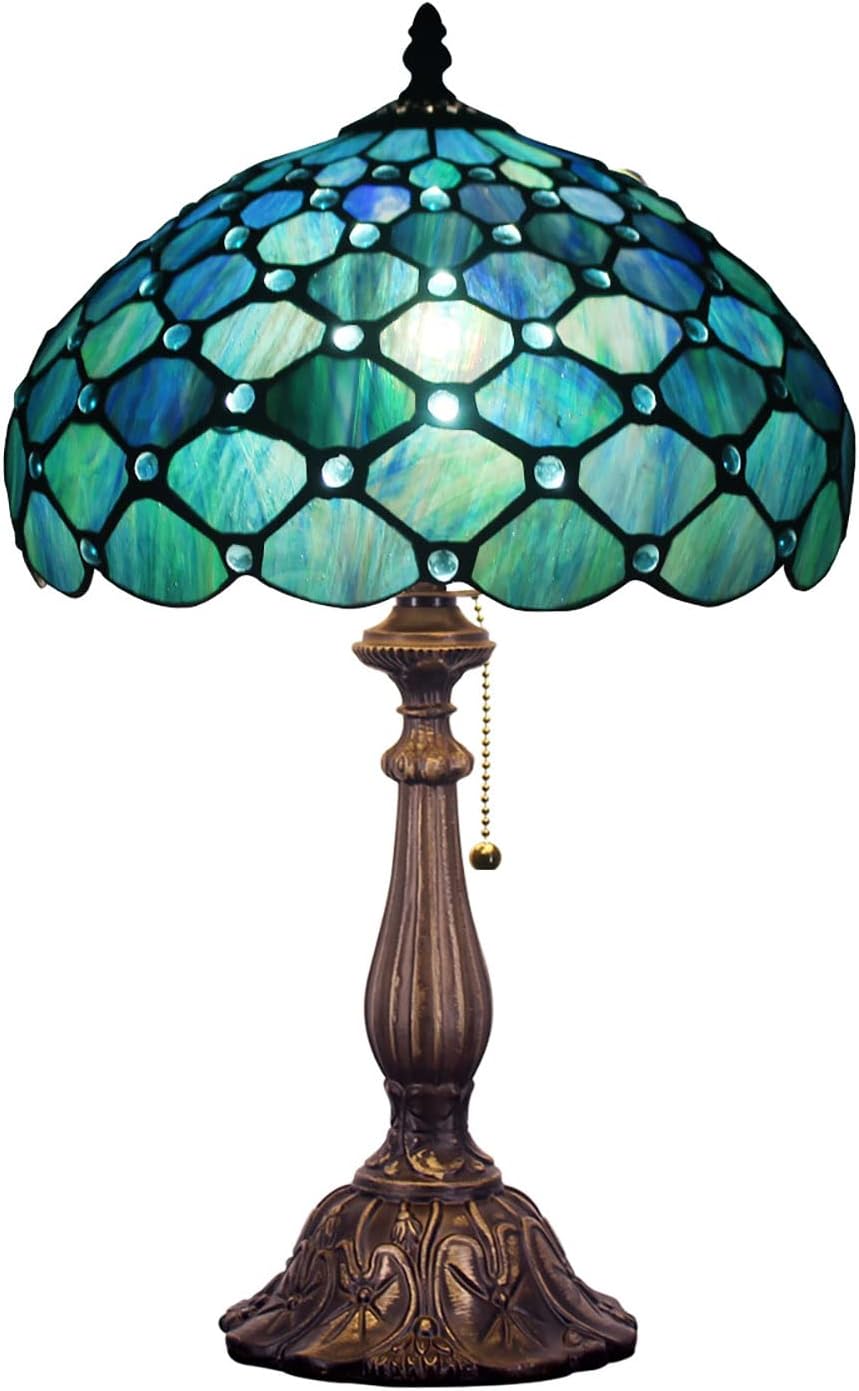 ZJART Tiffany Lamp W12H19 Inch Blue Stained Glass Table Lamp Bedside Nightstand Desk Reading Lamp Work Study Desktop Light Decor Home Kids Bedroom Living Room Office Pull Chain Switch (Z12A02F12) Blue pearl