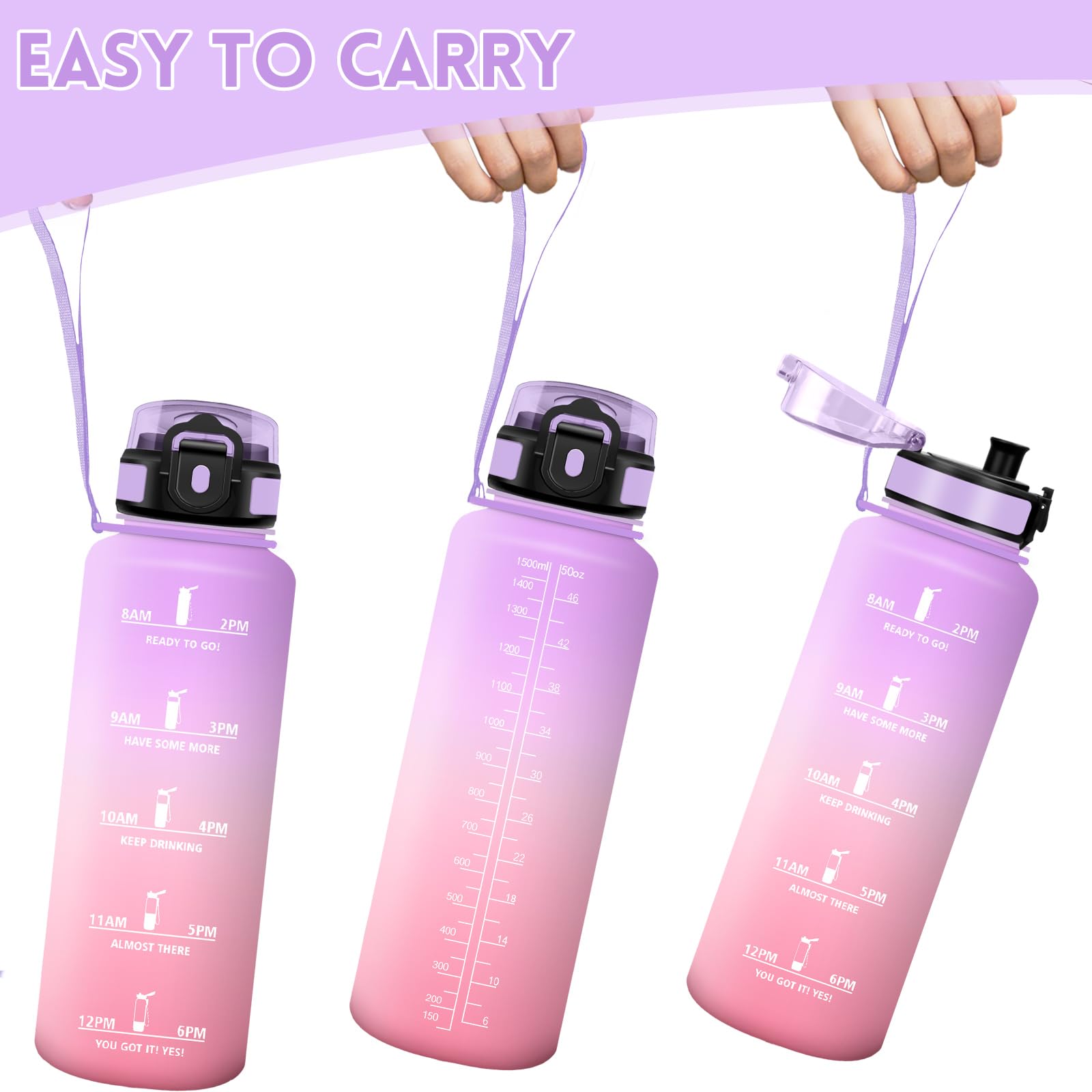 Motswedi Borraccia 1.5l, Borraccia Palestra, a Prova di Perdite Bottiglia acqua, Include Spugna di Pulizia, Motivazionale Bottiglia Plastica 1.5 litri - Lilla Delicato & Rosa Chiaro