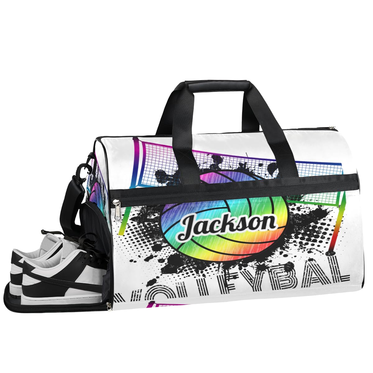 Personalized Gym Bag for Boys Men, Personalized Custom Sports Duffle Bag with Shoes Compartment, Customized Dance Bag Weekender Overnight Bag Travel Duffel Bag, Sports Rainbow Volleyball